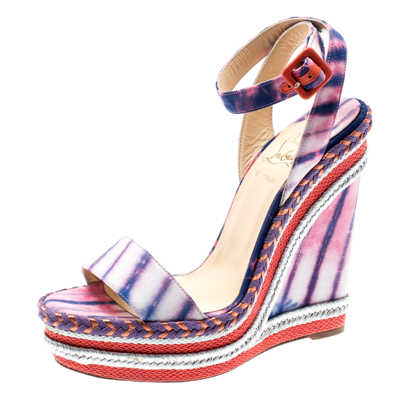 مملوكة مسبقًا Christian Louboutin Multicolor Tie-Dye Fabric Duplice Woven Trim Wedge Ankle Strap Sandals Size 39