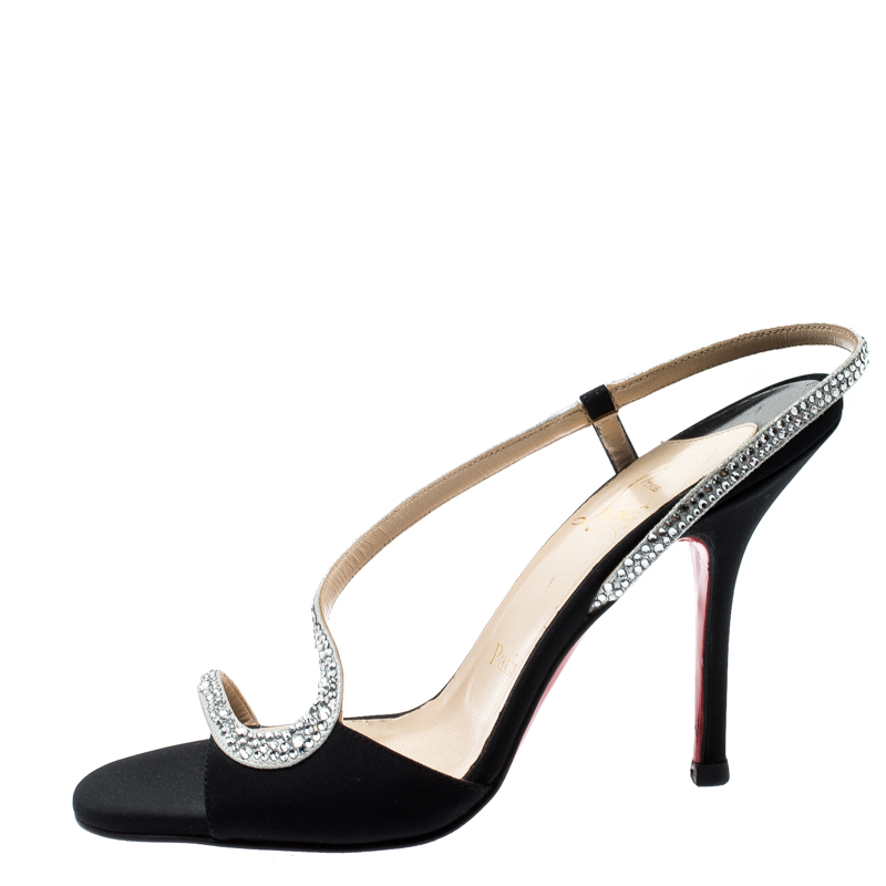 

Christian Louboutin Black Satin Alta Perla Crystal Embellished Slingback Sandals Size