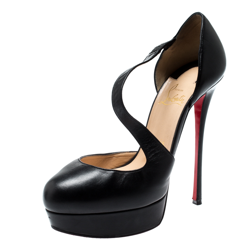 Pre Owned Christian Louboutin Black Leather Decalcoco Cross Strap Platform Pumps 38