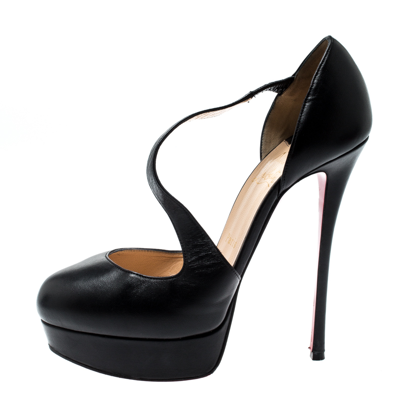 

Christian Louboutin Black Leather Decalcoco Cross Strap Platform Pumps