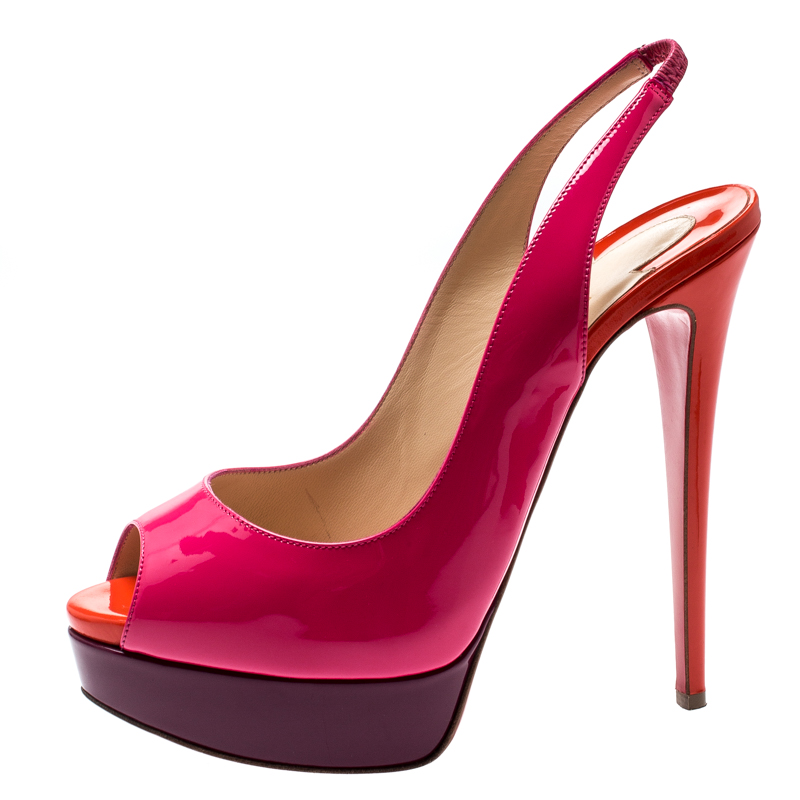 

Christian Louboutin Multicolor Color Block Patent Leather Lady Peep Toe Platform Slingback Sandals Size