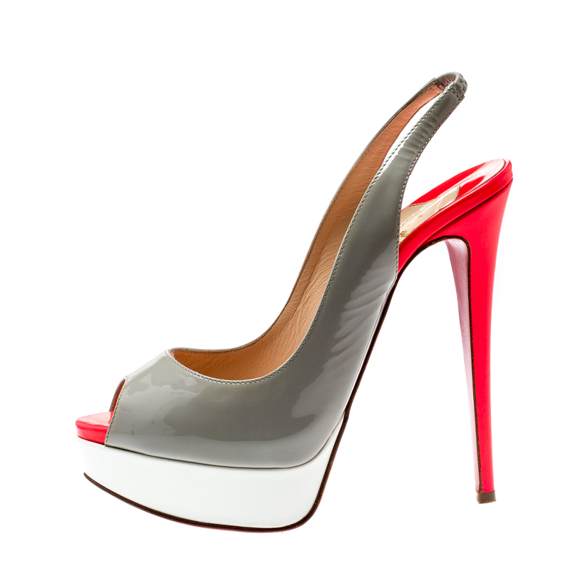 

Christian Louboutin Tricolor Patent Leather Lady Peep Toe Platform Slingback Sandals Size, Grey
