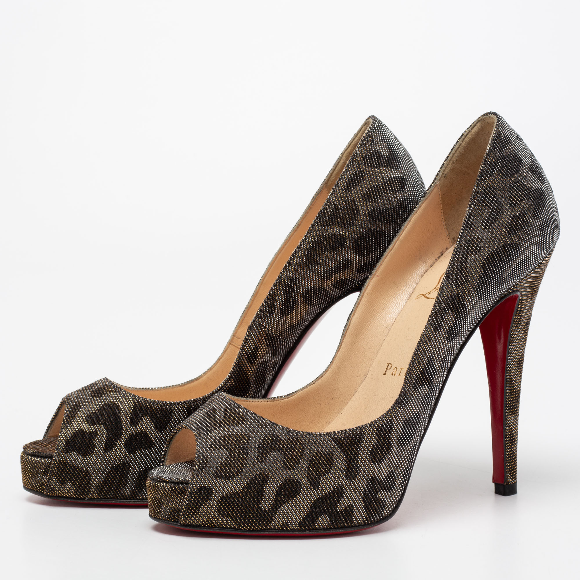 

Christian Louboutint Gold/Silver Leopard Glitter Canvas Very Prive Lamé Peep Toe Pumps Size