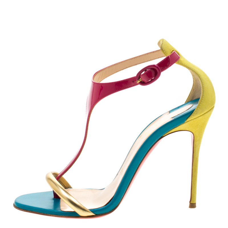 

Christian Louboutin Multicolor Patent Leather and Suede T Strap Open Toe Sandals Size