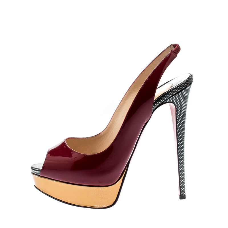 

Christian Louboutin Burgundy Patent Leather Lady Peep Sling Platform Sandals Size