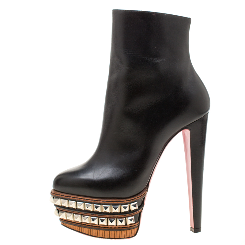 

Christian Louboutin Black Leather Faolo Studded Platform Ankle Boots Size