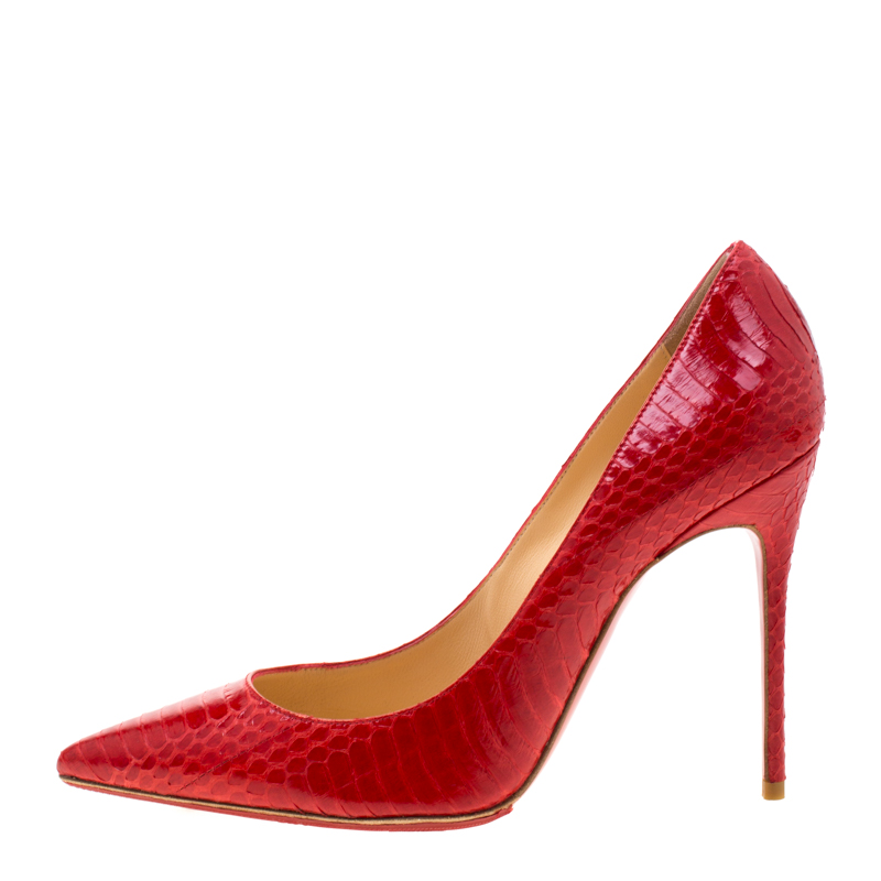 

Christian Louboutin Rouge Lipstick Red Watersnake Leather Decollete Pointed Toe Pumps Size