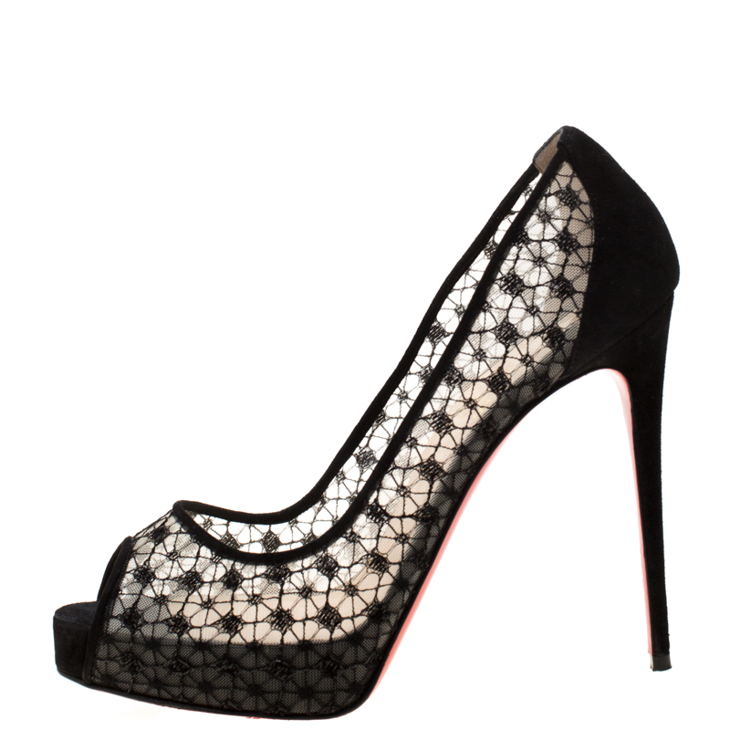 

Christian Louboutin Lace And Suede Peep Toe Platform Pumps Size, Black