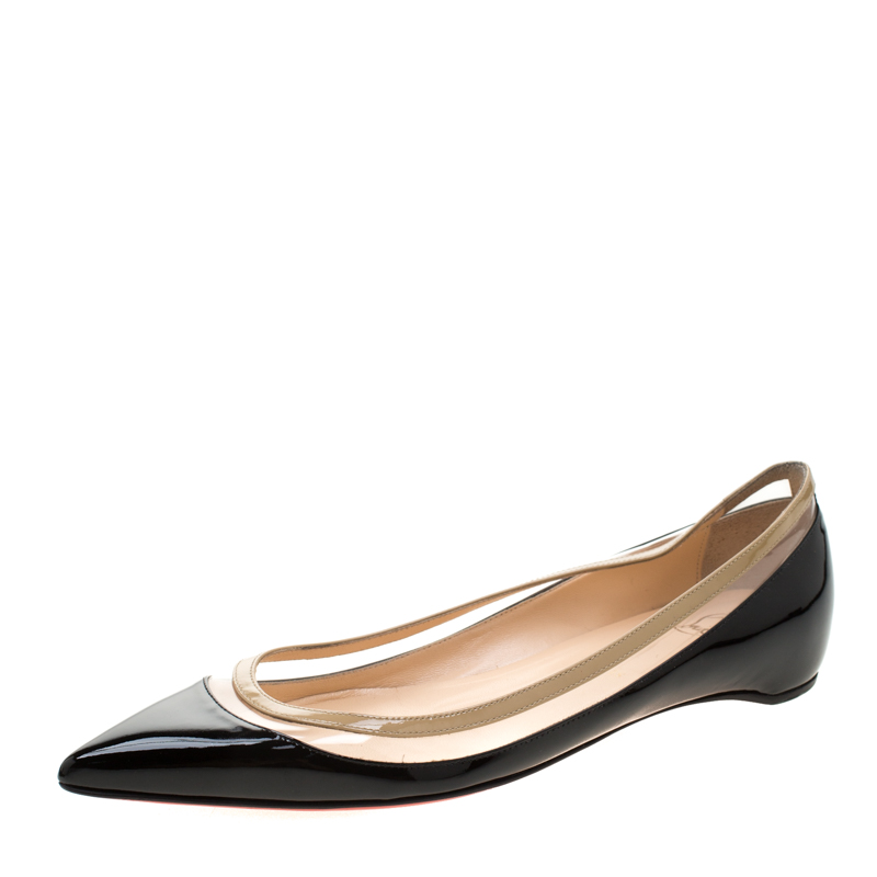 Christian Louboutin Black/Beige Patent Leather And PVC Paulina Pointed Toe Flats Size 40