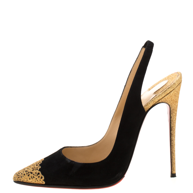 

Christian Louboutin Black Suede And Metallic Gold Glitter Almine Pointed Toe Slingback Sandals Size