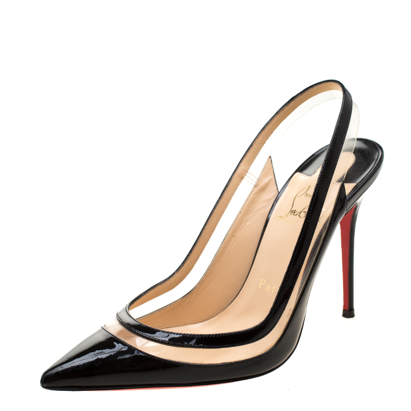 Pre Owned Christian Louboutin Black Patent Leather And PVC Paulina Pointed Toe Slingback Sandals Size 36.5