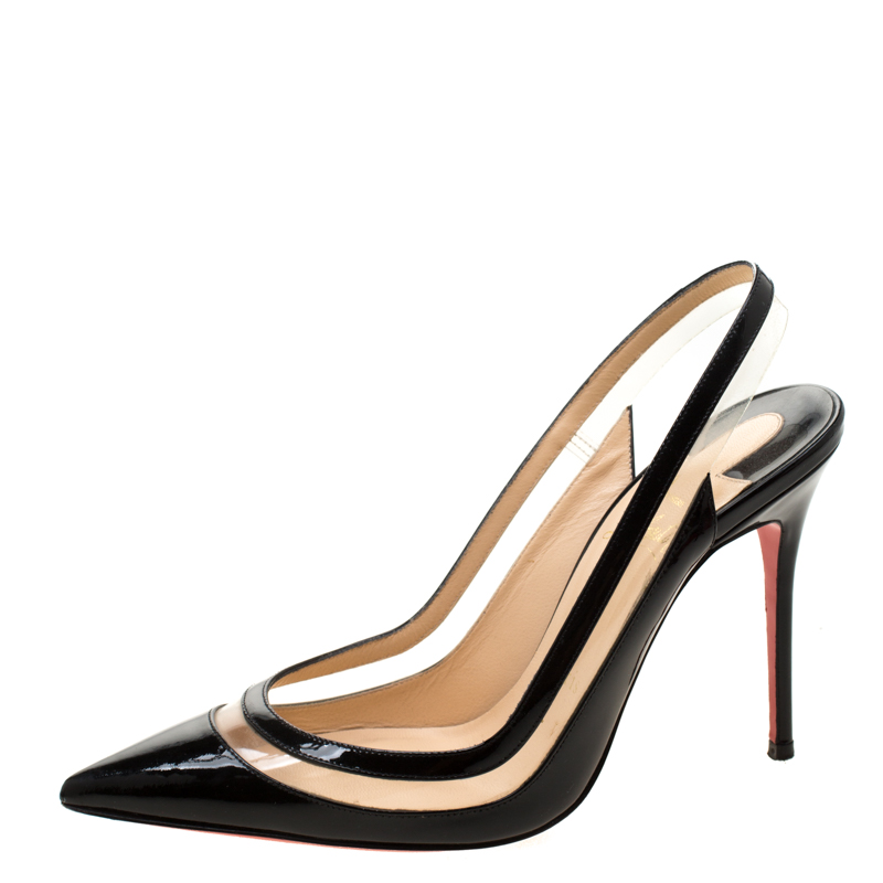 

Christian Louboutin Black Patent Leather And PVC Paulina Pointed Toe Slingback Sandals Size