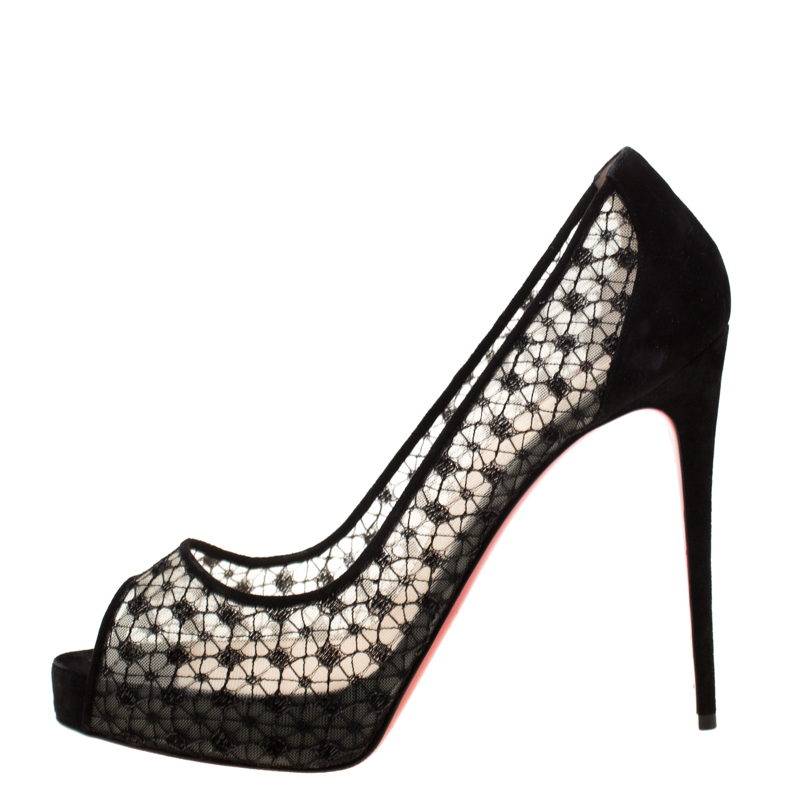 

Christian Louboutin Black Lace And Suede Dentelle Peep Toe Platform Pumps Size