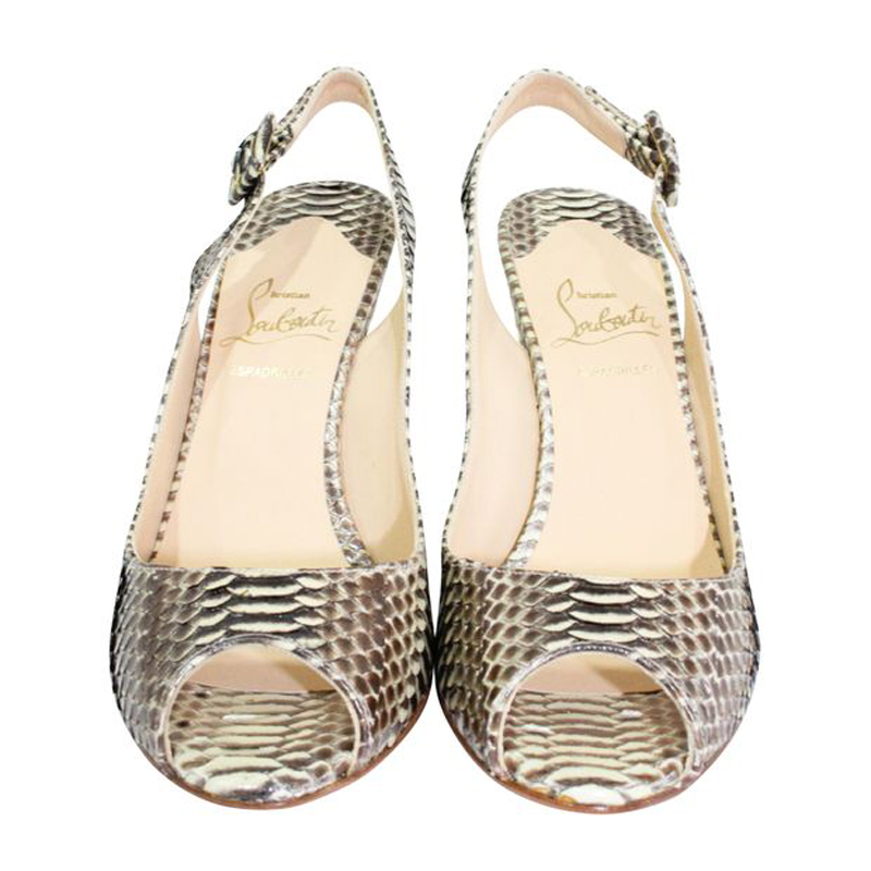 

Christian Louboutin Beige Snake Skin Slingback Wedge Sandals Size