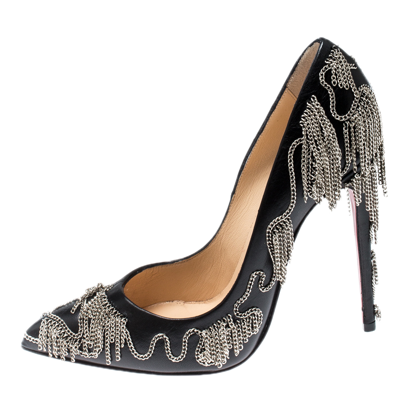 

Christian Louboutin Black Leather Dolly Party Chain Embellished Pointed Toe Pumps Size