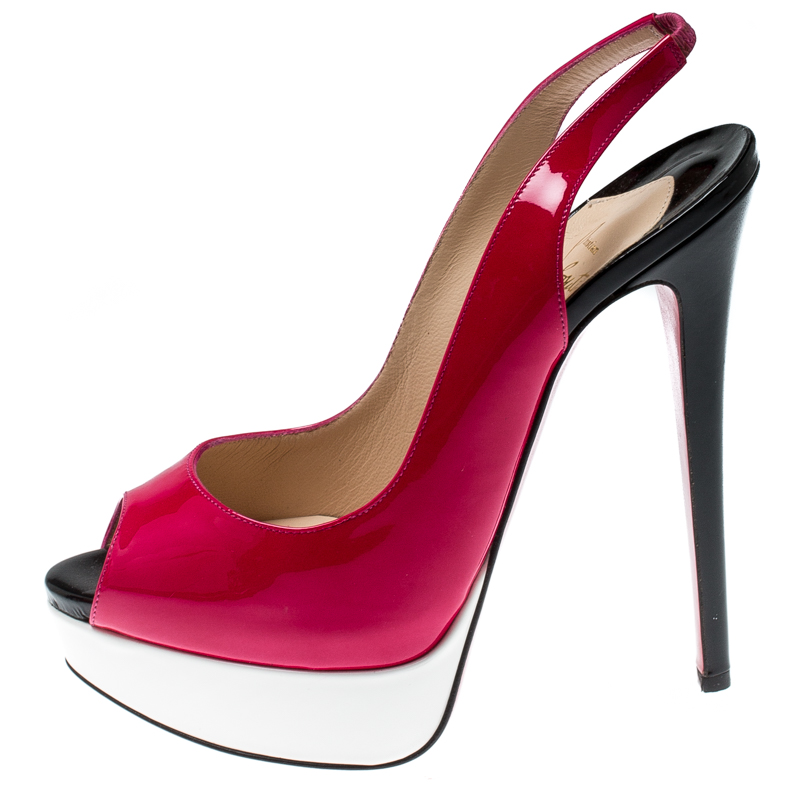 

Christian Louboutin Tricolor Patent Leather Lady Peep Toe Platform Slingback Sandals Size, Pink
