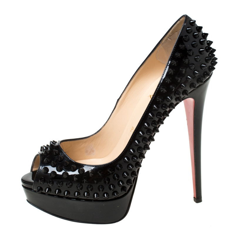 

Christian Louboutin Black Patent Leather Lady Peep Toe Spike Platform Pumps Size