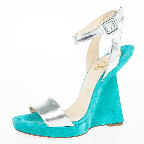 Pre Owned Christian Louboutin Djaldos Spechio Colorblock Ankle Strap Wedges Size 40