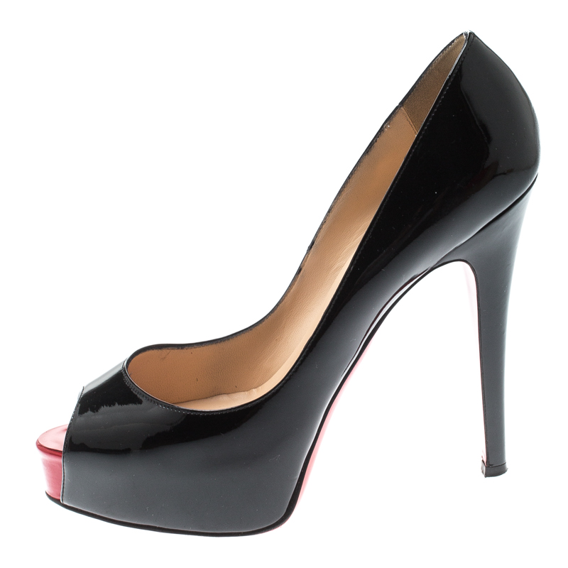 

Christian Louboutin Black Patent Leather Peep Toe Platform Pumps Size