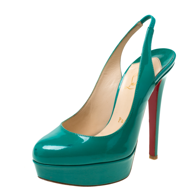 Pre Owned Christian Louboutin Green Patent Leather Bianca Platform Slingback Sandals Size 35.5