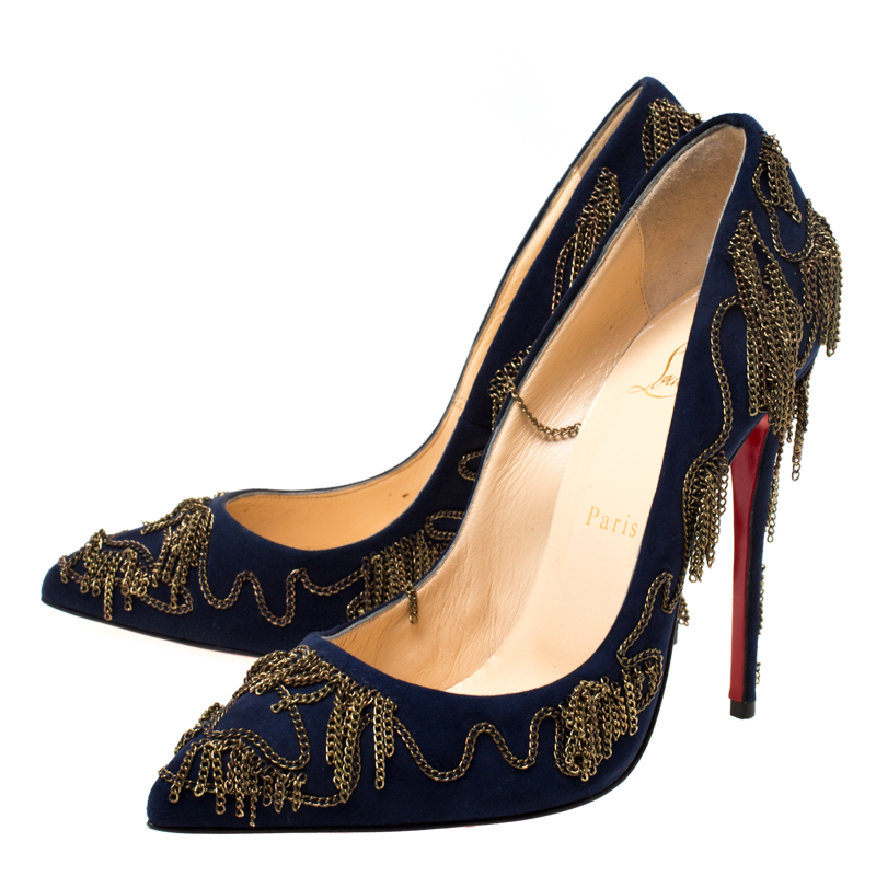 Christian Louboutin Blue Suede Doly Party Chain Embellished Pointed Toe ...