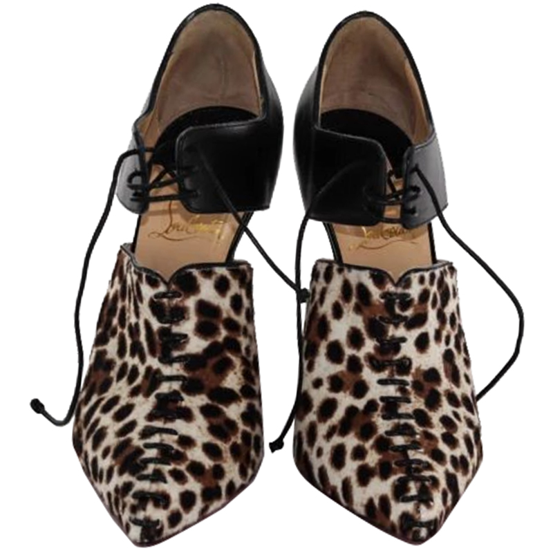 

Christian Louboutin Black Leather Leopard Print Pony Hair Corsita Ankle Boots Size
