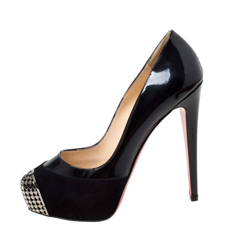 

Christian Louboutin Black Patent Leather And Suede Maggie Embellished Cap Toe Platform Pumps Size