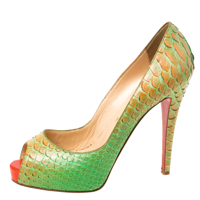 

Christian Louboutin Green/Orange Python Troca Altareva Lady Peep Toe Platform Pumps Size