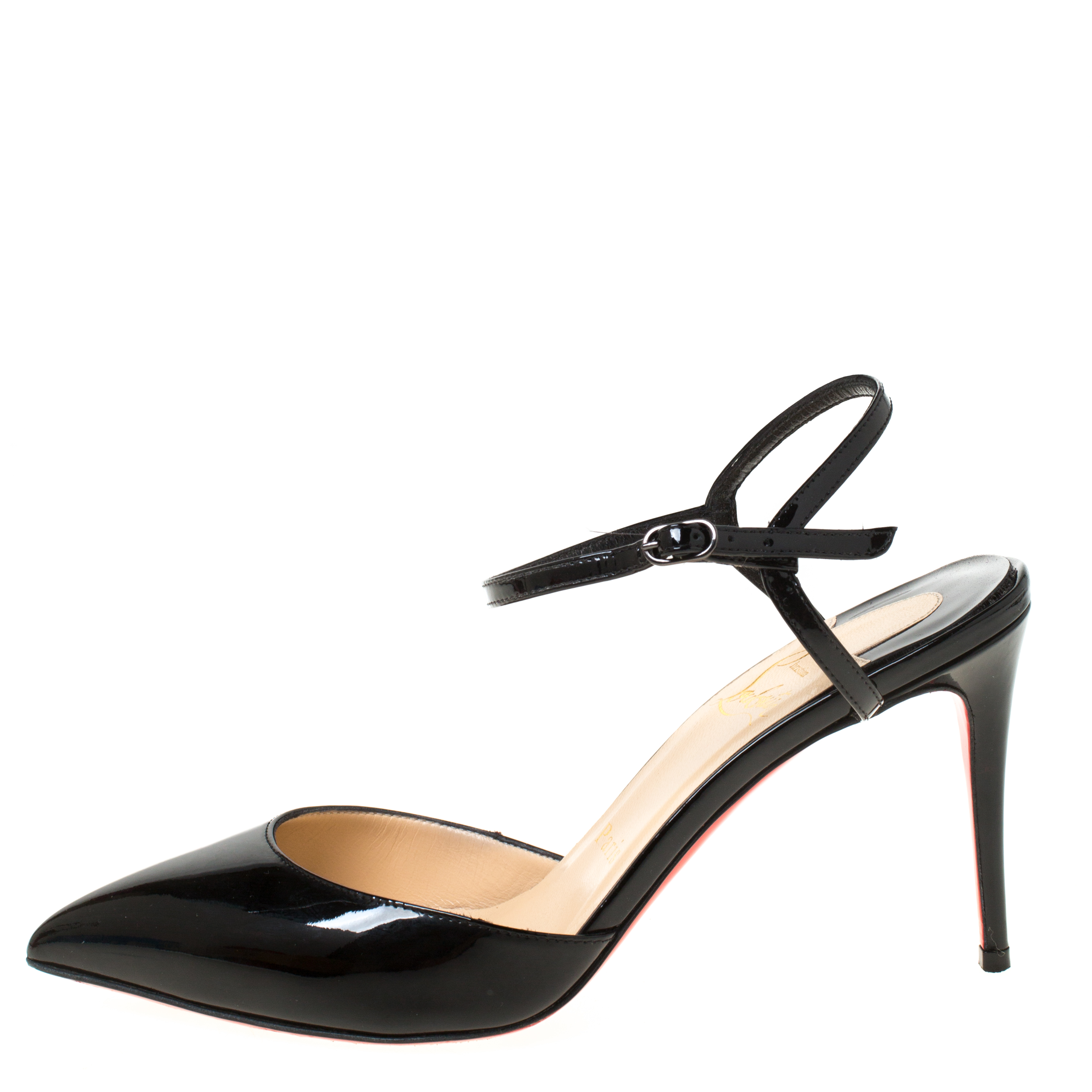 

Christian Louboutin Black Patent Leather Rivierina Ankle Strap Sandals Size