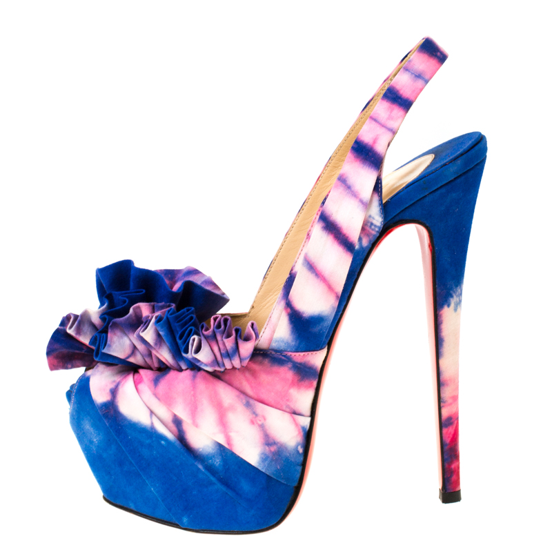 

Christian Louboutin Blue/Pink Fabric High BouBou Bazin Slingback Sandals Size