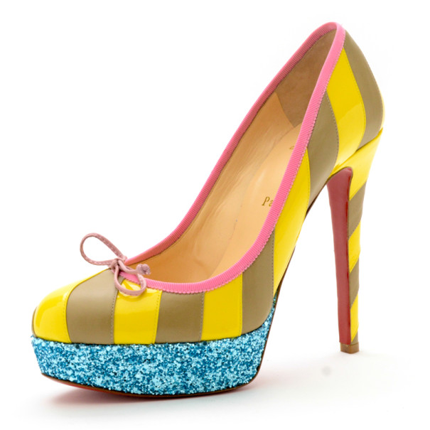مملوكة مسبقًا Christian Louboutin Yellow/Grey Striped Patent Leather Foraine 140mm Pumps Size 39