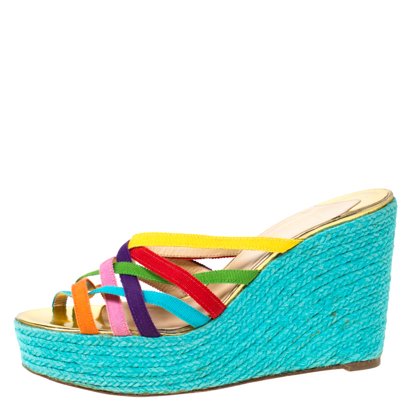 

Christian Louboutin Multicolor Fabric Crepon 110 Espadrille Wedge Platform Sandals Size