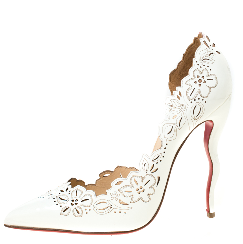 

Christian Louboutin White Patent Leather Beloved 100 Laser Cut D'orsay Pumps Size