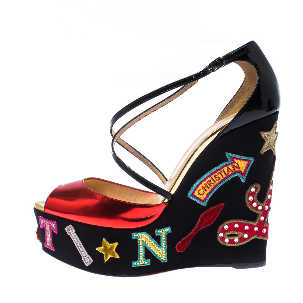 

Christian Louboutin Multicolor Patent Leather Loubi Zeppa Wedge Platform Sandals Size