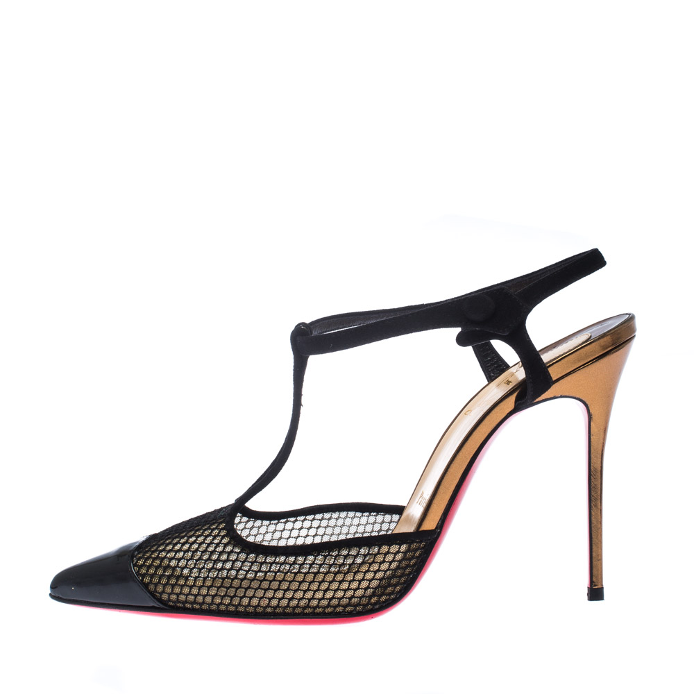 

Christian Louboutin Black Patent Leather And Lace Mrs Early T Strap Pointed Toe Sandals Size