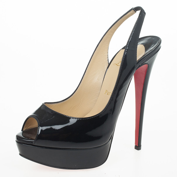 Christian Louboutin Black Patent Lady Peep Toe Slingback Sandals Size 38.5