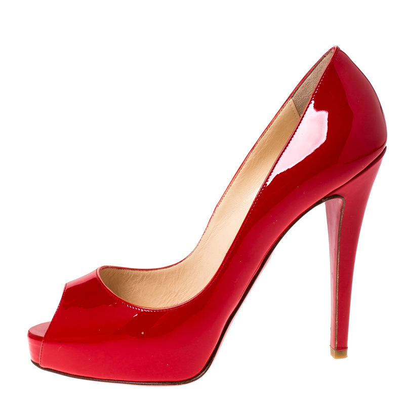 

Christian Louboutin Red Patent Leather Peep Toe Platform Pumps Size