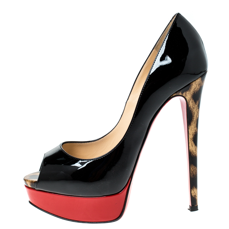 

Christian Louboutin Black/Brown Patent Leather Leopard Heel Peep Toe Platform Pumps Size