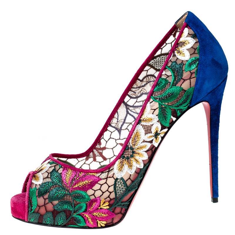 

Christian Louboutin Multicolor Lace and Suede Fetish Peep Toe Pumps Size