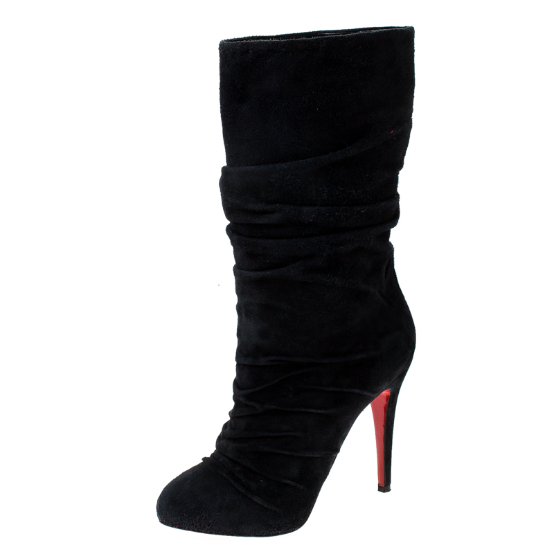 Pre Owned Christian Louboutin Black Pleated Suede Prios Mid Calf Boots Size 37.5