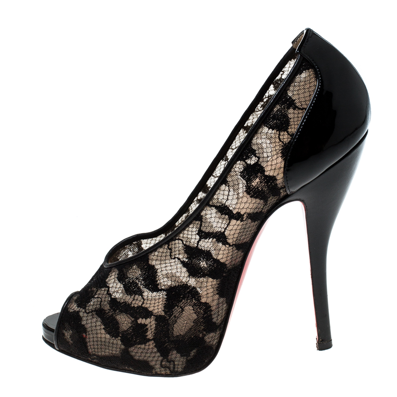 Pre-owned Christian Louboutin Lace And Patent Leather Ambro Peep Toe Pumps Size 36.5 In Black