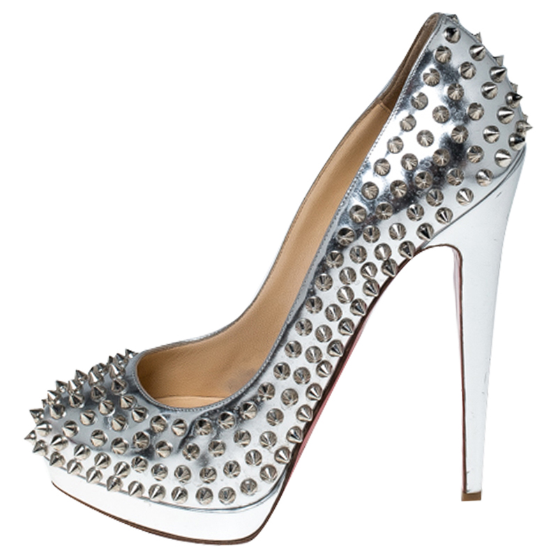 

Christian Louboutin Metallic Silver Leather Alti Spike Platform Pumps Size