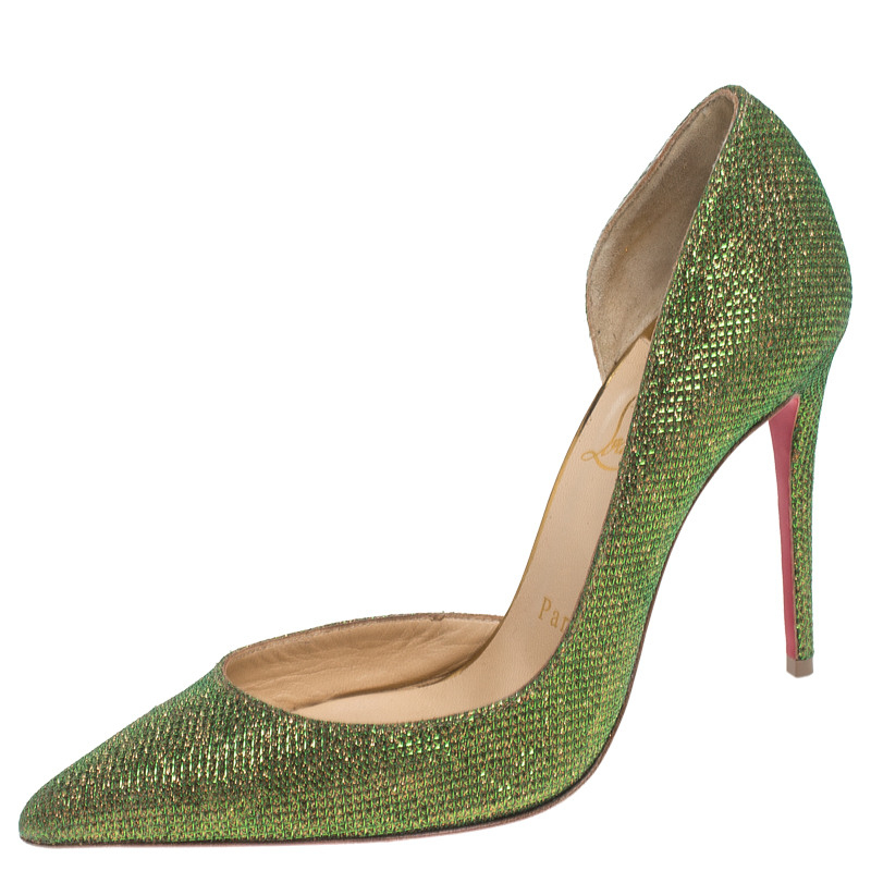 Christian Louboutin Green Glitter Fabric Iriza D'orsay Pumps Size 36.5