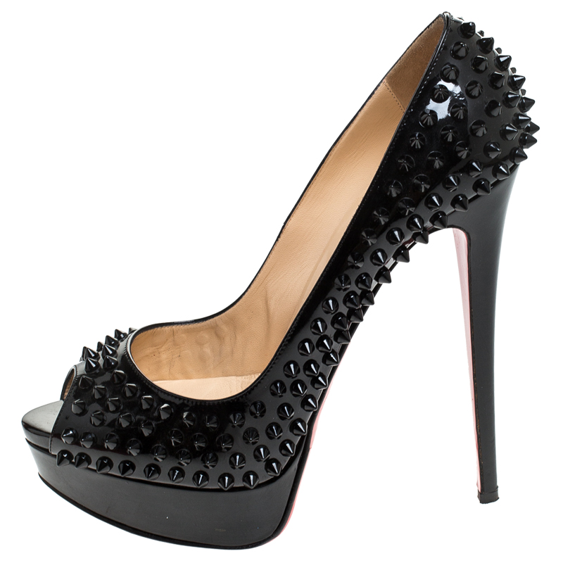 

Christian Louboutin Black Patent Leather Lady Spike Peep Toe Platform Pumps Size