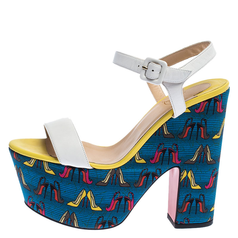 

Christian Louboutin Multicolor Printed Leather and Fabric Open Toe Ankle Strap Platform Sandals Size