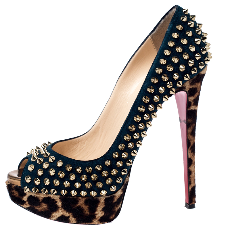 

Christian Louboutin Green Suede Leopard Pony Hair Lady Peep Spikes Platform Pumps Size