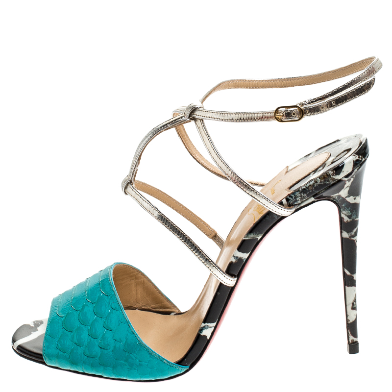 

Christian Louboutin Multicolor Python and Patent Leather Open Toe Ankle Strap Size