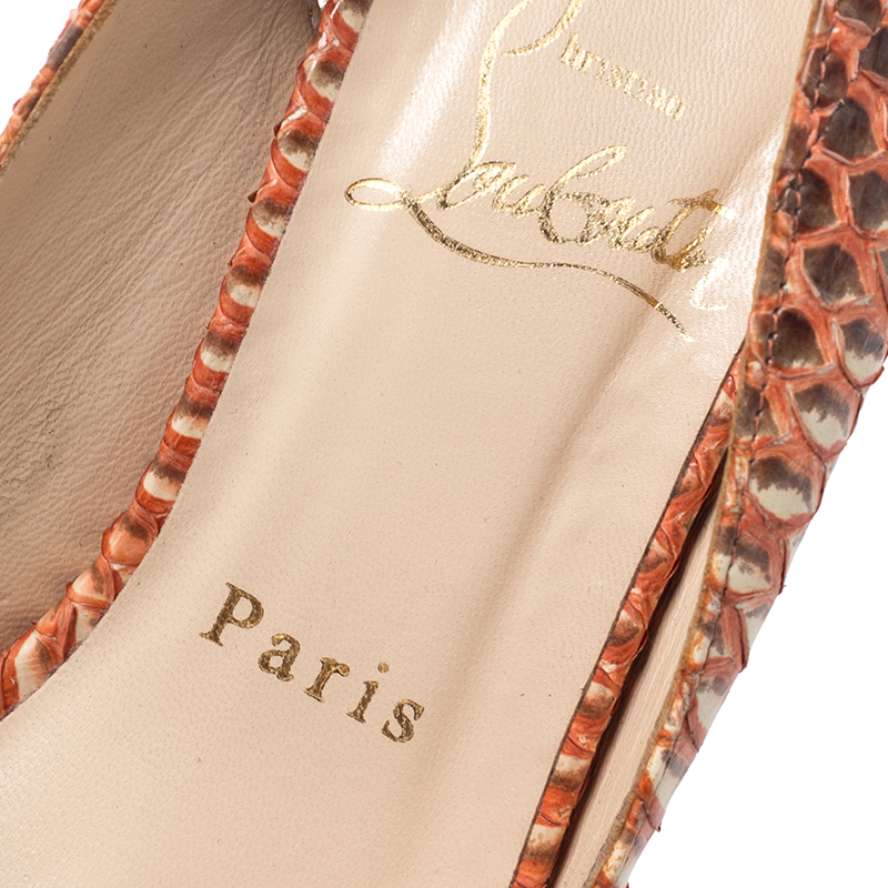 Pre-owned Christian Louboutin Orange Python Leather Slingback Peep Toe Platform Sandals Size 37