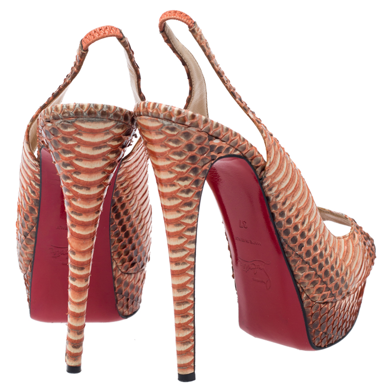 Pre-owned Christian Louboutin Orange Python Leather Slingback Peep Toe Platform Sandals Size 37