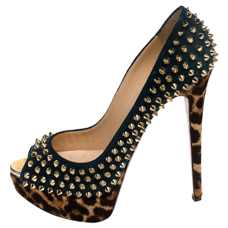 

Christian Louboutin Blue Suede and Leopard Pony Hair Spiked Lady Peep Toe Platform Pumps Size, Metallic